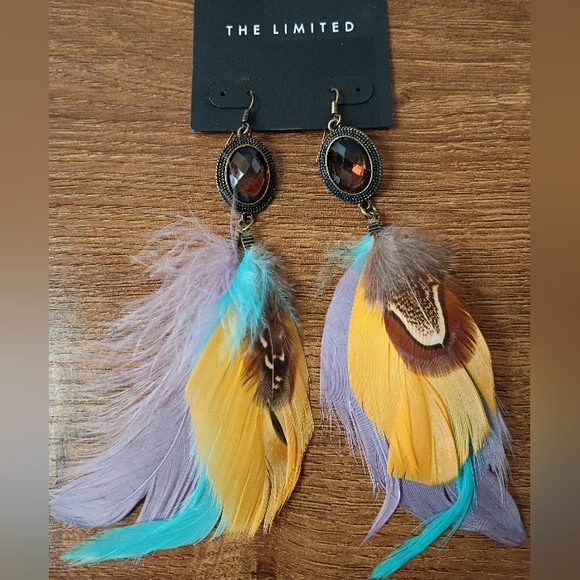 The Limited Boho Colorful Feather Drop Statement Earrings Purple Yellow Blue - Picture 5 of 5